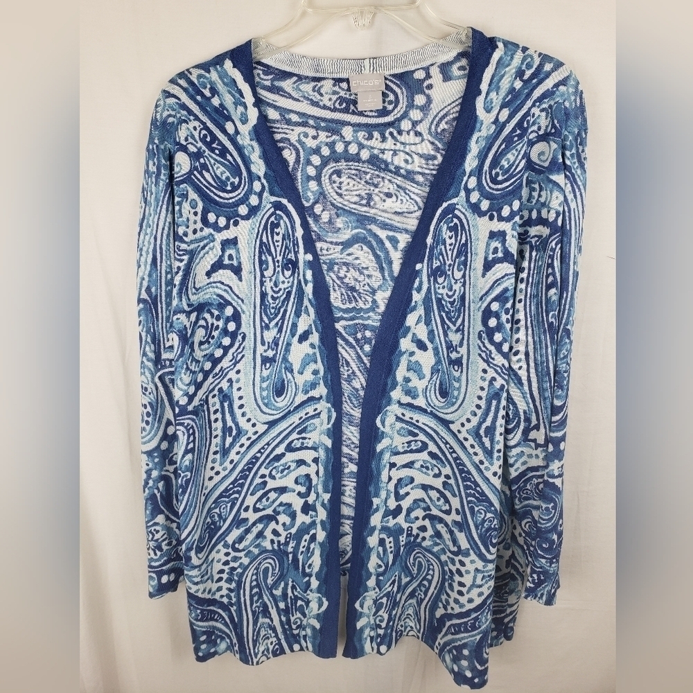 Chico's Blue and White Paisley Open Front Cardigan Sweater Sz Chico's 3 (XL) - Picture 2 of 9